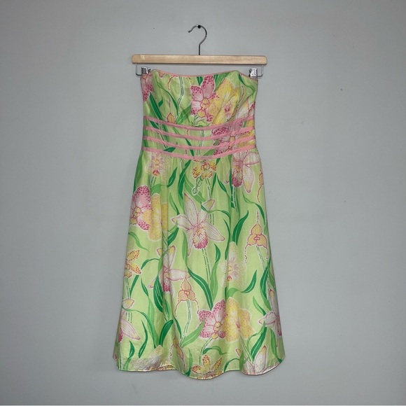 Lilly Pulitzer Dress Women's Size 8 US Green Pink Floral Silk Cotton Strapless‎ - Picture 2 of 10